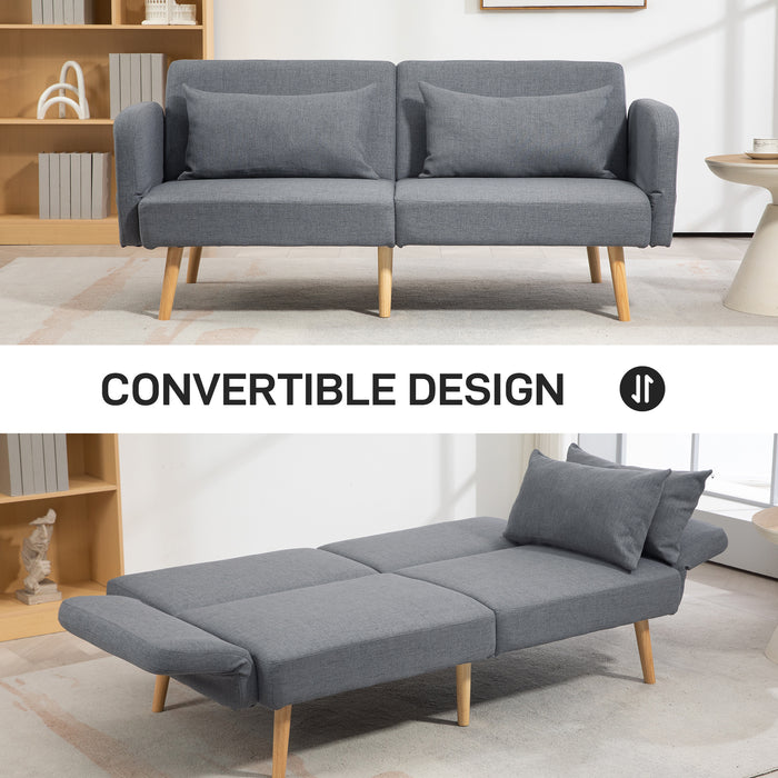 Convertible 3/2-Seater Sofa Bed - Modern Fabric Loveseat Couch with 2 Cushions, Grey - Ideal for Living Room and Guest Room Comfort