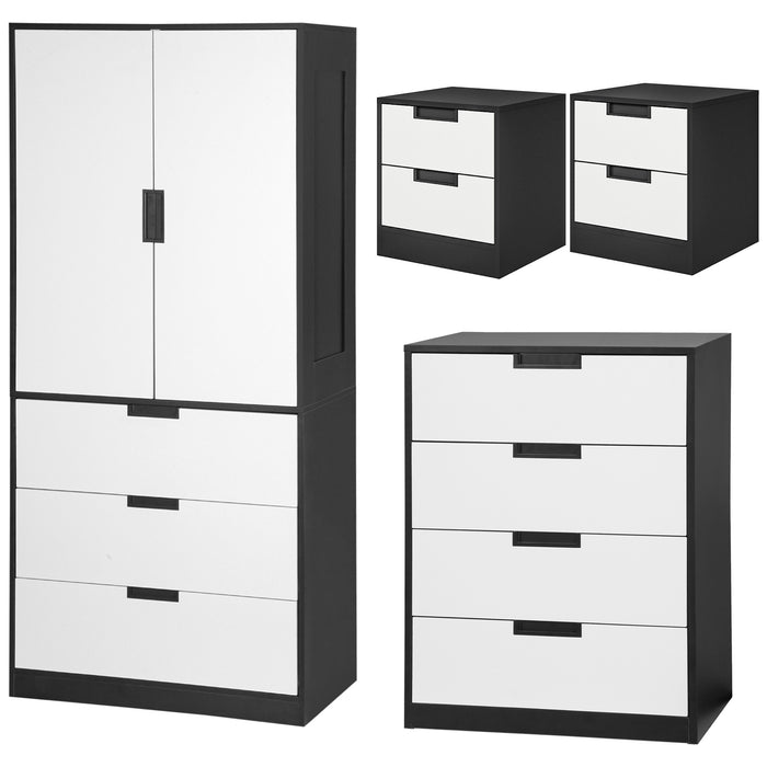 Bedroom Ensemble with Wardrobe and Hanging Rod - 4-Drawer Chest & Dual Bedside Tables with Storage, White/Black - Complete Bedroom Furnishing Solution for Organized Living