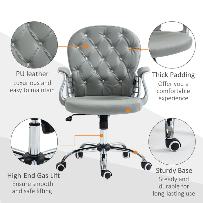 Ergonomic 360° Swivel Office Chair - PU Leather with Diamante Detailing & Padded Base, 5 Castor Wheels - Comfortable Seating Solution for Home and Office Workers, Grey