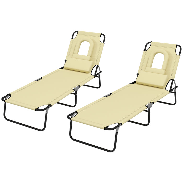 Foldable Beige Sun Lounger Set with Pillow - Adjustable Reclining Chair with 4-Level Backrest and Reading Hole - Perfect for Patio Relaxation and Sunbathing