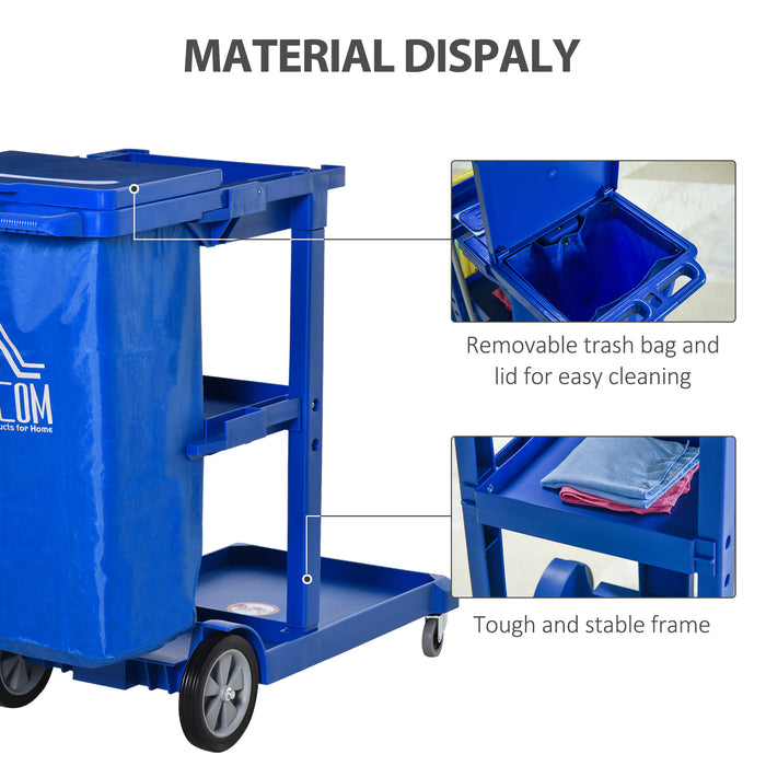 Janitorial Cleaning Cart with Wheels - 3-Tier Utility Trolley with Trash Bag and Mop Holder, Blue - Ideal for Hotel & Office Housekeeping