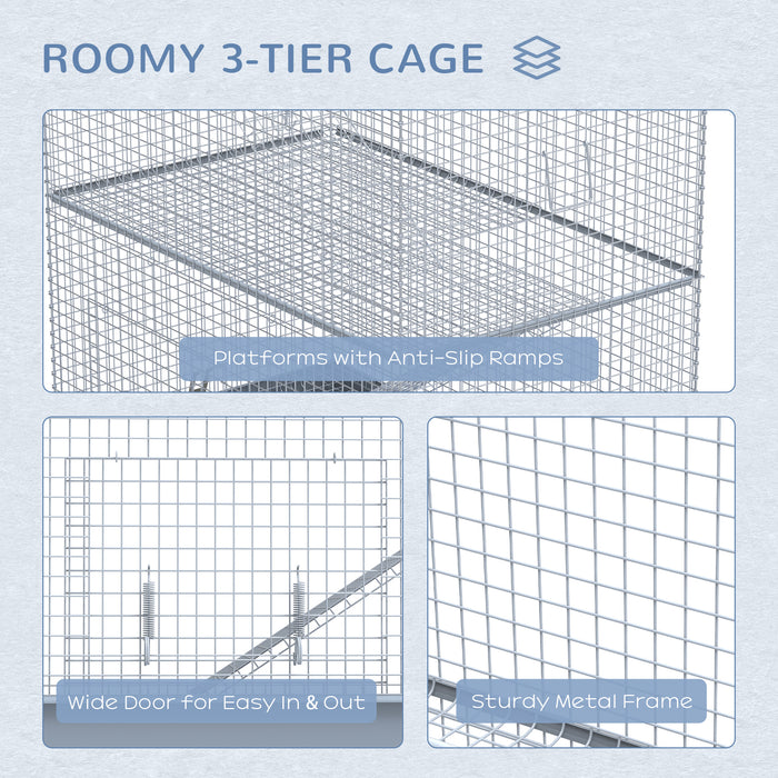 3-Level Small Animal Metal Enclosure - Hamster, Rat, Rodent, Ferret, Chinchilla Cage with Platform, Feeding Habitat, Easy Clip Base, Ladder - Ideal Pet Hutch for Comfort & Exercise in Grey Finish