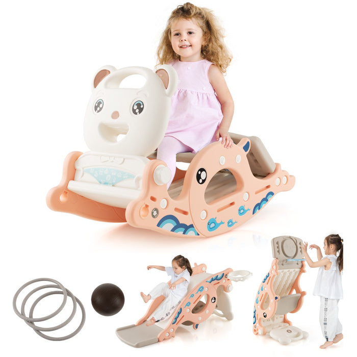 4-in-1 Kids Slide Rocking Horse - Multifunctional Outdoor Toy with Basketball & Ring Toss - Ideal Playmate for 1-4 Year Old Toddlers