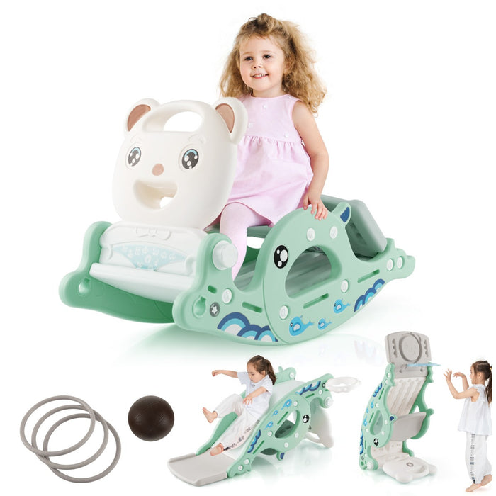 4-in-1 Kids Slide Rocking Horse - Multifunctional Outdoor Toy with Basketball & Ring Toss - Ideal Playmate for 1-4 Year Old Toddlers