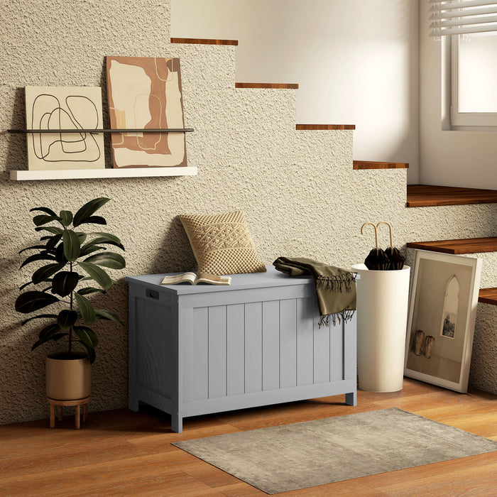 Modern Grey Storage Chest - Wooden Toy Box with Safety Hinges and Cut-out Handles for Living Room and Entryway - Space-Saving Organizer Measuring 76 x 40 x 48 cm