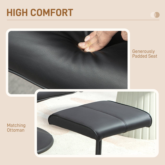 Reclining Faux Leather Lounge Chair with Matching Footstool - Sleek Black Finish - Ideal for Relaxing and Unwinding