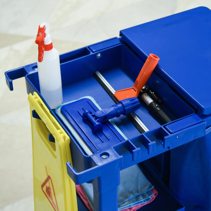 Janitorial Cleaning Cart with Wheels - 3-Tier Utility Trolley with Trash Bag and Mop Holder, Blue - Ideal for Hotel & Office Housekeeping