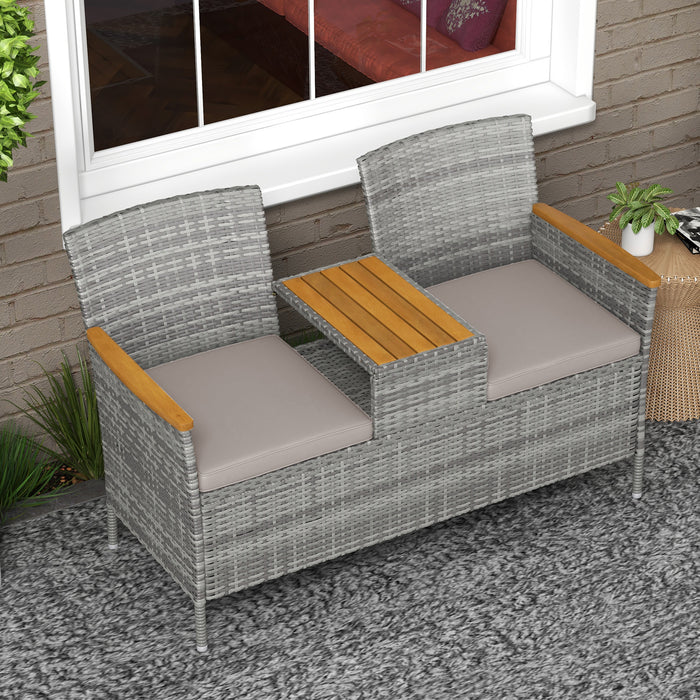 Rattan Two-Seater Loveseat with Integrated Wood-Top Table - Stylish Grey Outdoor Furniture - Perfect for Patio Conversation and Relaxation