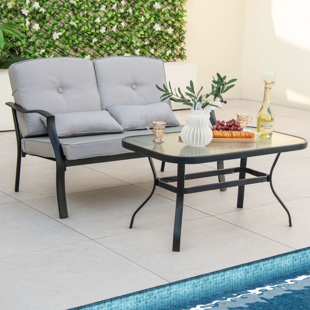 Model X4 Patio Furniture Set - 4-Piece Outdoor Conversation Kit, Grey with Tempered Glass Coffee Table - Perfect for Garden and Yard Social Gatherings