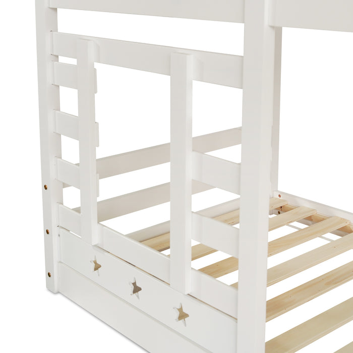 Solid Pine Wood Twin Sleeper with Storage - Cabin Bunk Bed with Built-in Staircase, Cupboards, and Underbed Drawers, 235x97x217 cm in White - Ideal Space Saver for Kids' Bedroom