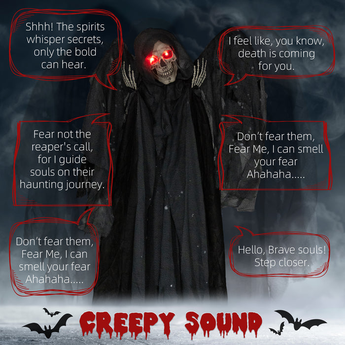 77" Winged Grim Reaper Animatronic - Outdoor Halloween Decoration with Sound Activation and Light Up Eyes - Spooky Prop for Haunted House Attractions