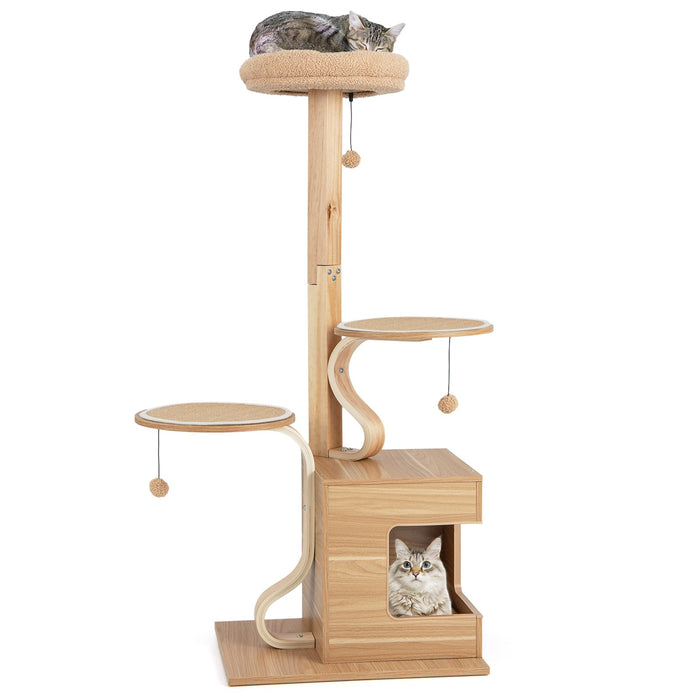 51 inches Wooden Cat Tree with Solid Wood Post and  Curved Plywood Frame-Natural