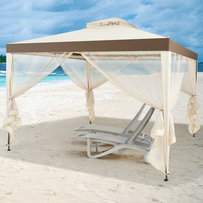 10x10ft Double Tier Canopy Gazebo - Beige Garden Shelter Tent for Outdoor Events - Ideal for Spacious Backyard Gatherings & Parties