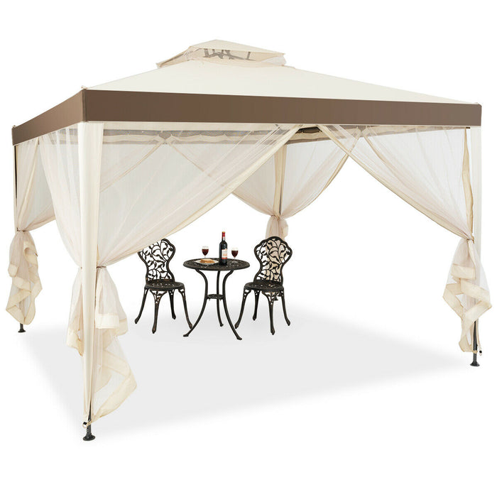 10x10ft Double Tier Canopy Gazebo - Beige Garden Shelter Tent for Outdoor Events - Ideal for Spacious Backyard Gatherings & Parties