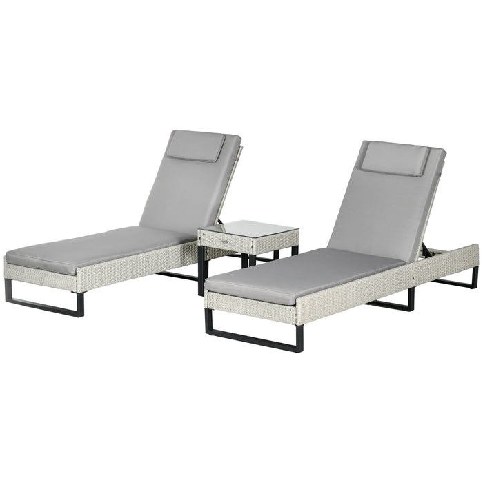 PE Rattan 3-Piece Sun Lounger Set - Adjustable 5-Position Patio Recliner Chairs with Cushions and Headrests - Includes Glass Top Square Coffee Table for Outdoor Relaxation