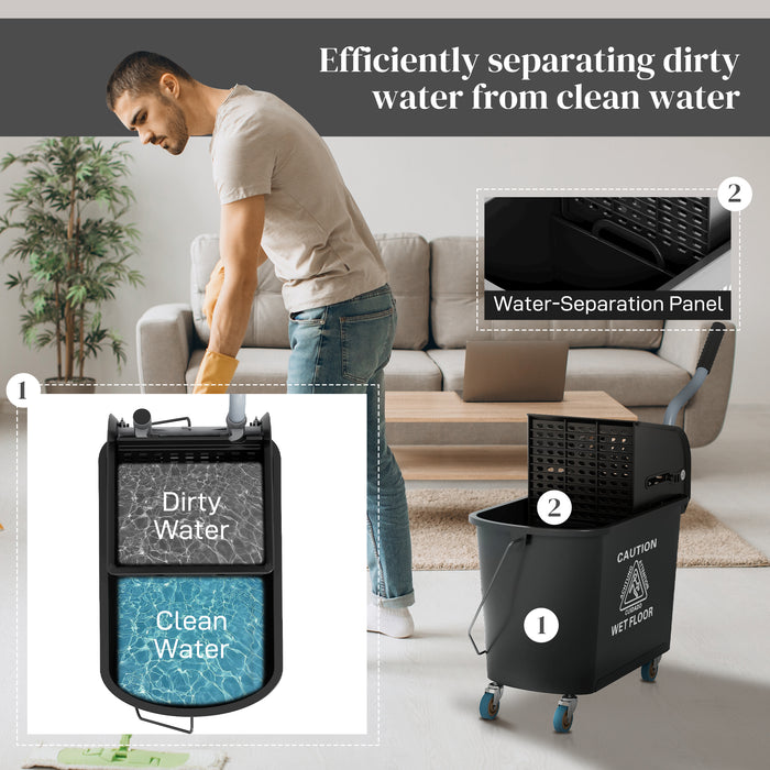 20L Rolling Mop Bucket with Wringer - Heavy-Duty Floor Cleaning System with Dual Water Separation - Portable Solution for Efficient Mopping and Maintenance