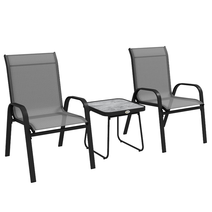 Outdoor Bistro Furniture Set - 3-Piece Patio Ensemble with Stackable Armchairs & Mesh Fabric - Includes SPC Board Coffee Table for Porch or Garden Relaxation