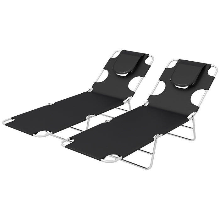 Foldable Sun Lounger Set of 2 - Adjustable Backrest, Reading Hole, Arm Slots, Side Pocket, with Pillow - Perfect for Patio, Garden, Beach, Pool Lounging