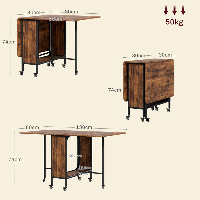 Mobile Drop Leaf Table - Versatile Foldable Kitchen and Dining Table with Storage, Extendable for Small Spaces - Equipped with 6 Wheels for Easy Movement, Rustic Brown Finish