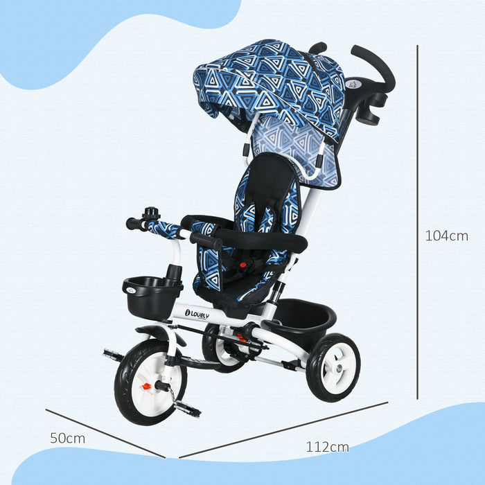 4-in-1 Baby Push Tricycle with Metal Frame - Light Blue Toddler Trike with Parent Handle - Versatile Ride-On Toy for Ages 1-5 Years