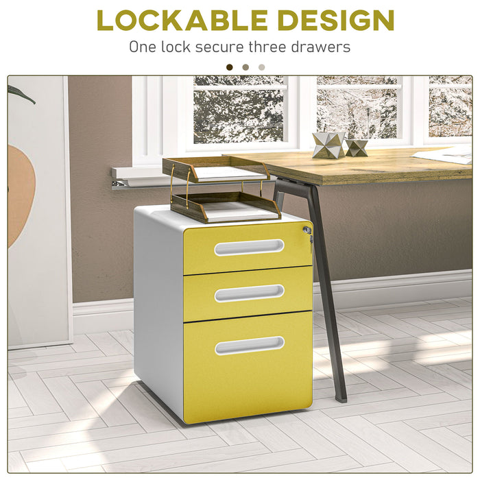 Vinsetto 3 Drawer Filing Cabinet, Steel Lockable File Cabinet with Lock and Wheels, for A4, Letter, Legal Sized Files, Yellow | Aosom UK