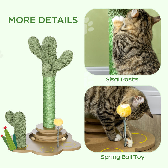 Cactus-Shaped Chenille Cat Tree 60cm - Activity Center with Sisal Scratching Post & Interactive Turntable Ball Toys - Perfect Play Structure for Energetic Cats