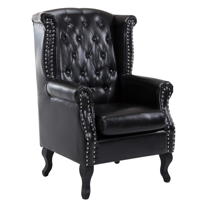 Antique High Back Chesterfield Armchair - Queen Anne PU Leather Fireside Chair with Cushion, Black - Elegant Seating for Living Room and Library