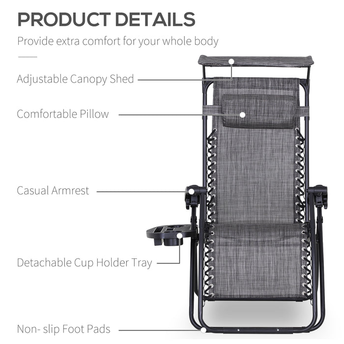 Foldable Reclining Garden Chair Set with Headrest - Zero Gravity Outdoor Loungers with Footrest, Armrests, Cup Holder & Canopy Shade - Comfortable Patio Furniture for Relaxation