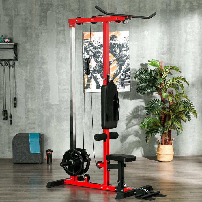 Adjustable Seat Pull Up Station - Multi-Function Power Tower for Chin-Ups, Lat Pulldowns, Home Gym Fitness - Flip-Up Footplate, Ideal for Strengthening Exercises, Red