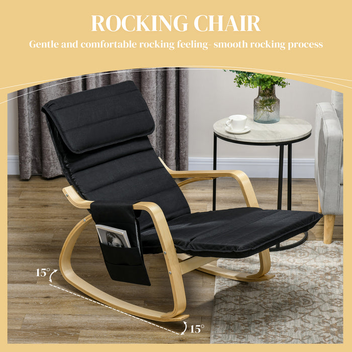 Rocking Recliner Lounger - Adjustable Footrest, Side Pocket, Pillow, Comfortable Black Seat - Ideal for Relaxation & Stress Relief