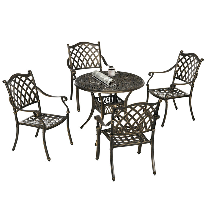 5-Piece Cast Aluminum Outdoor Dining Set - Includes 4 Chairs & Round Table with Umbrella Hole - Ideal for Patio & Garden Entertainment