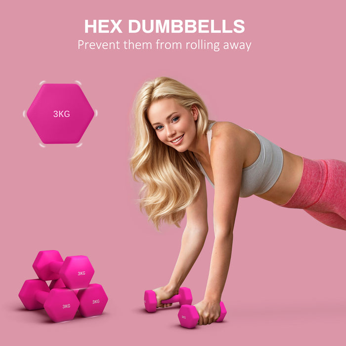 Hexagonal Dumbbells 3kg Pair - Non-Slip Grip, Home Gym Weights Set in Pink - Ideal for Strength Training and Fitness Enthusiasts