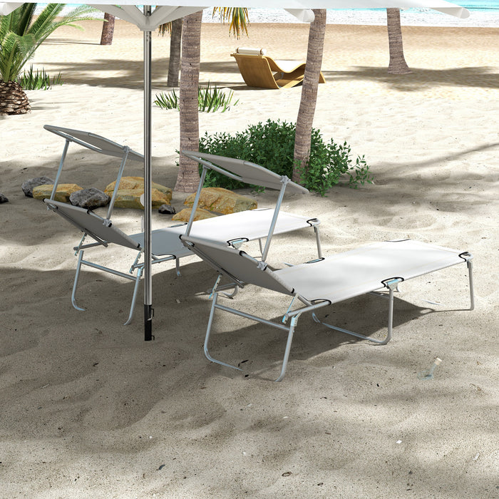 Foldable Sun Lounger Duo Pack with 4-Level Adjustable Backrest - Reclining Chairs with Angle-Adjustable Sun Shade - Perfect for Beach, Garden, Patio in Light Grey