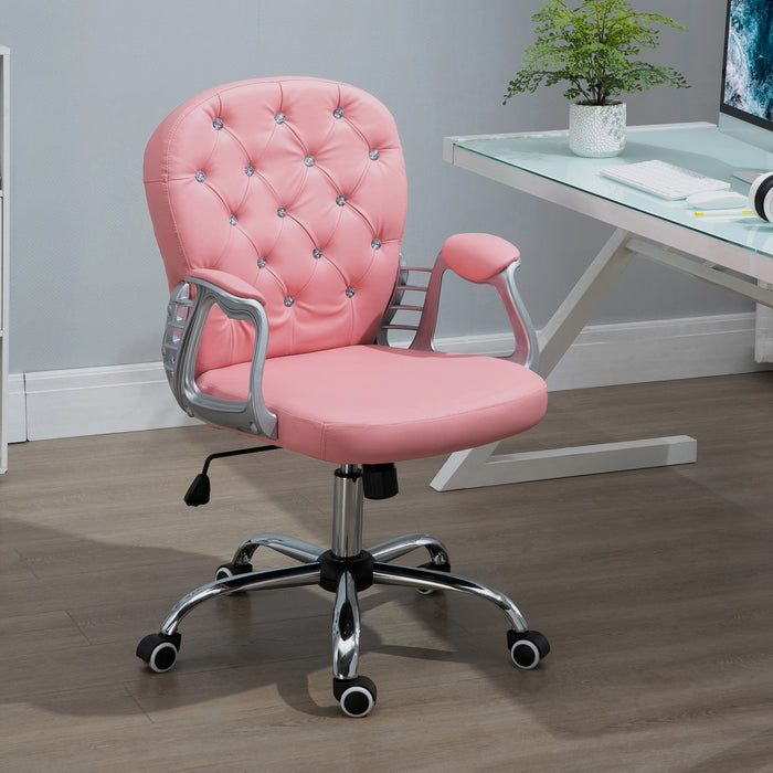 Ergonomic 360° Swivel Office Chair with PU Leather - Diamante Padded Base & 5 Castor Wheels in Pink - Perfect for Home Office Comfort