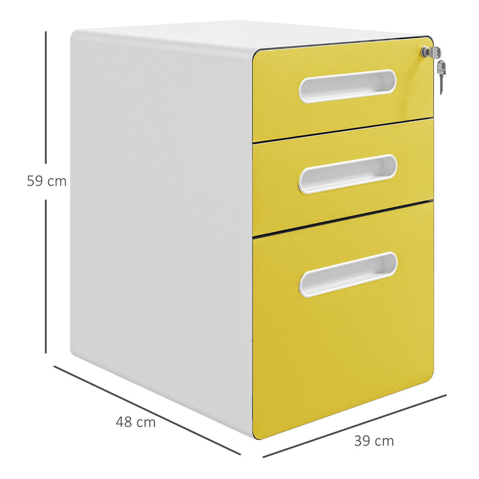 Vinsetto 3 Drawer Filing Cabinet, Steel Lockable File Cabinet with Lock and Wheels, for A4, Letter, Legal Sized Files, Yellow | Aosom UK