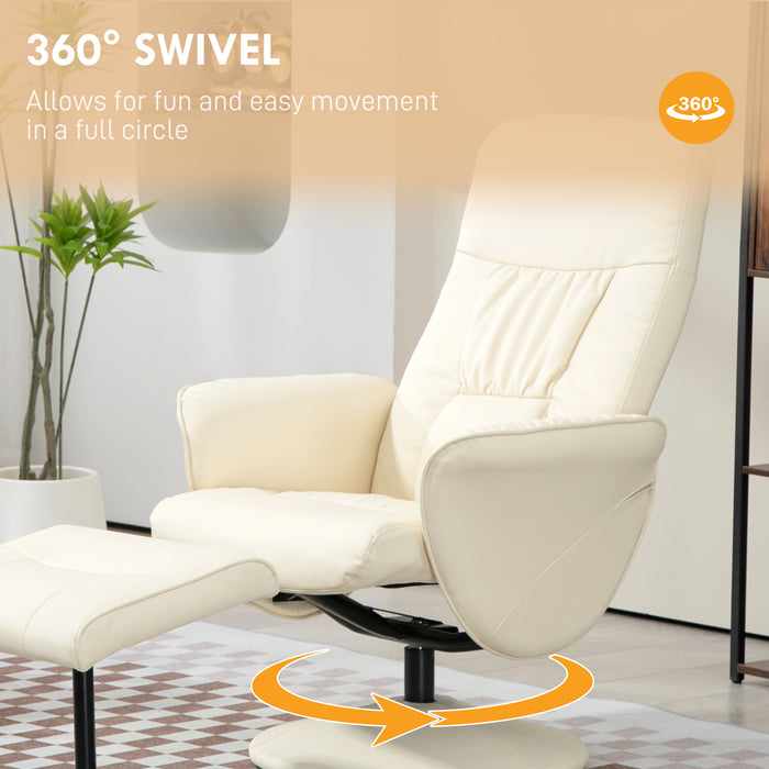 Swivel Recliner Chair & Ottoman Set - High Back PU Leather Lounge Armchair with Round Base - Comfortable Seating for Living Room, Cream White