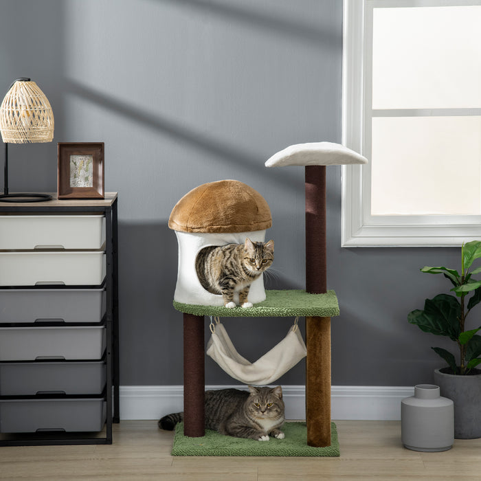 100cm Cat Tree Tower - Mushroom Condo, Sisal Scratching Post, Hammock Activity Center - Ideal for Playful Cats & Kittens