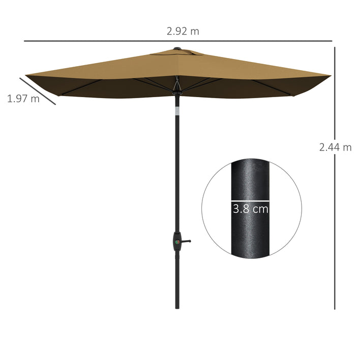 Rectangular Garden Parasol Umbrella 2 x 3m - Brown Aluminum Outdoor Market Sun Shade with Crank, Push Button Tilt, 6 Ribs - Ideal for Patio, Deck, Poolside Relaxation