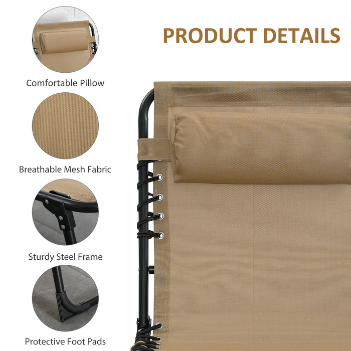 Folding Sun Lounger 2-Pack - Adjustable Reclining Camping Cot with Side Pocket and Pillow - Perfect for Patio, Garden, Beach, Pool Relaxation, Beige