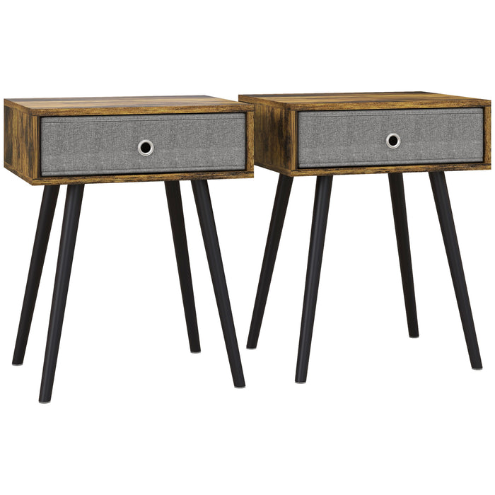 Industrial Style Bedside Table Set - 2-Pack Nightstand with Removable Fabric Drawer and Wooden Legs - Ideal for Bedroom Storage & Retro Decor in Rustic Brown