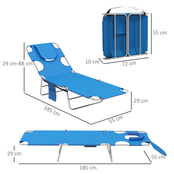 Portable Folding Sun Lounger Set of 2 - Adjustable Backrest, Reading Hole, Side Pocket, Headrest Pillow - Ideal for Outdoor Relaxation and Sunbathing