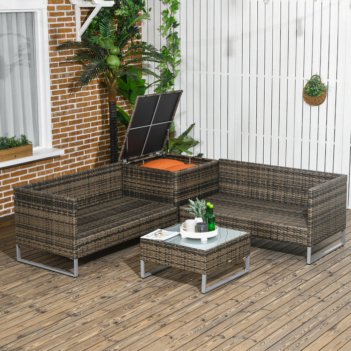 Outdoor Rattan Wicker Patio Set - 4 PCs Corner Sofa, Love Seat & Table with Storage - Cozy Orange Cushions for Garden Lounging