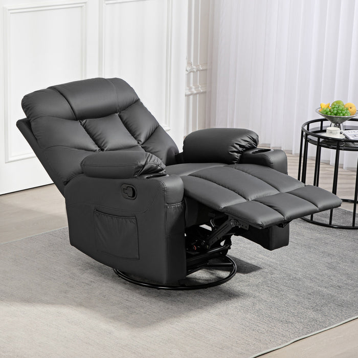 Luxury Faux Leather Swivel Recliner Chair - Manual Reclining Armchair with Built-In Footrest & Cup Holders - Comfortable Home Theater Seating for Living Room Relaxation