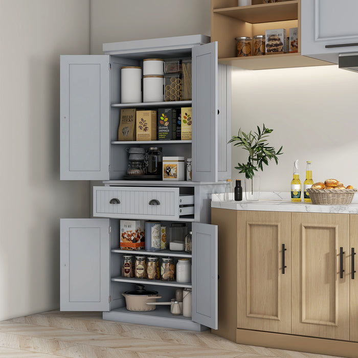 Freestanding Traditional Kitchen Cupboard - Storage Cabinet with Drawer, Doors, and Adjustable Shelves in Grey - Space-Saving Organizer for Kitchen Essentials