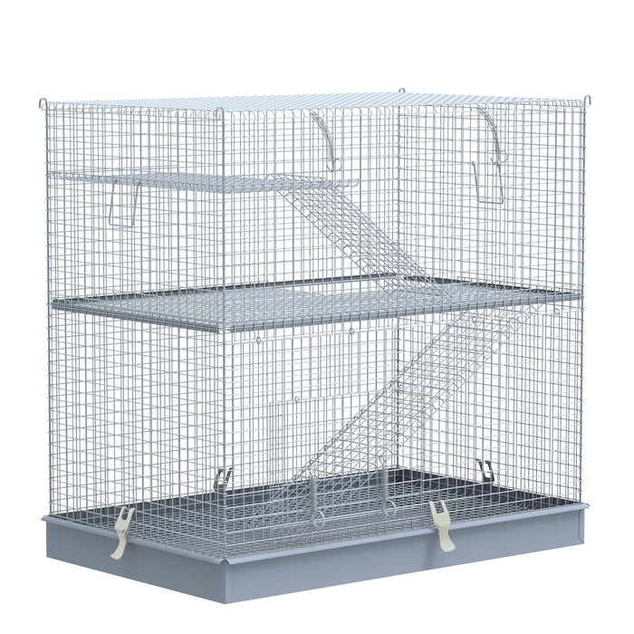 3-Level Small Animal Metal Enclosure - Hamster, Rat, Rodent, Ferret, Chinchilla Cage with Platform, Feeding Habitat, Easy Clip Base, Ladder - Ideal Pet Hutch for Comfort & Exercise in Grey Finish