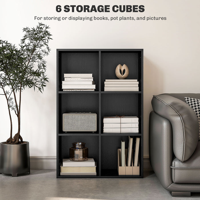 Six-Cube Organizer Shelf - Sleek Black Wood Finish Bookcase - Space-Saving Storage Solution for Home and Office