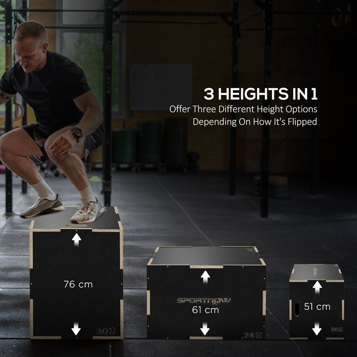 3-in-1 Wooden Plyo Box - Anti-Slip Plyometric Jump Platform with Handle Openings for Versatile Workouts, 51/61/76 cm Sizes - Ideal for Home Gym Fitness & Exercise Enthusiasts