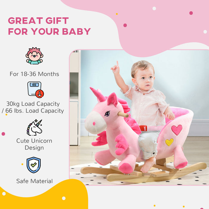 Ride-On Unicorn Rocking Horse - Wooden Rocker with Safety Seat Belt and Musical Features for Toddlers - Ideal for 18-36 Month Old Children