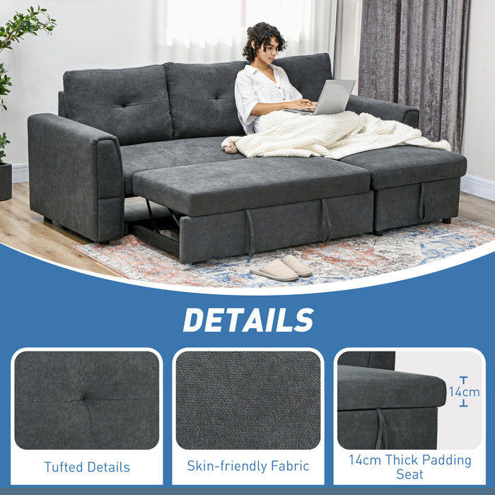 L-Shaped 3-Seater Sofa Bed - Convertible Corner Settee with Pull-Out Sleeper and Storage - Ideal for Living Room or Office Space in Dark Grey