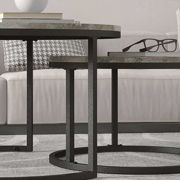 Round Nesting Coffee Table Duo - Faux Cement Finish with Robust Steel Frame - Ideal for Living Room Space Optimization